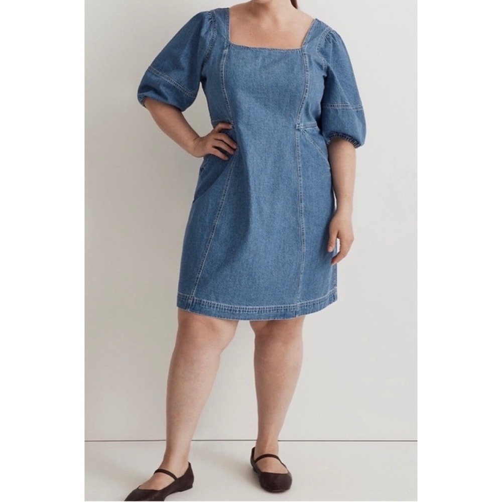 Madewell Denim Square Neck Puff Sleeve Mini Dress Blue Size 16W Pockets Cotton
